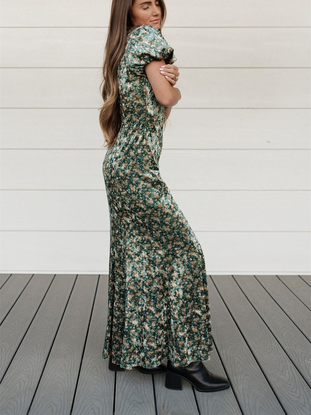 Green Flower Glossy Fall Dress