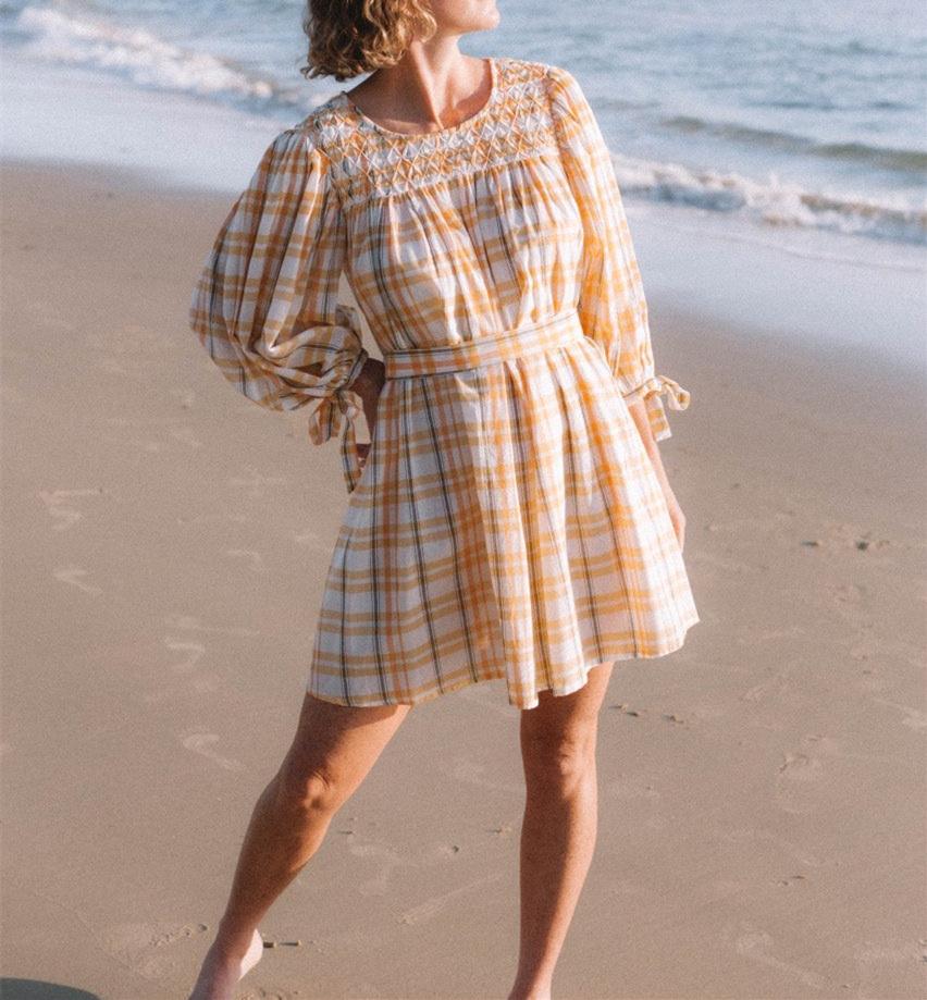 Yellow Plaid Bubble Sleeve Mini Dress