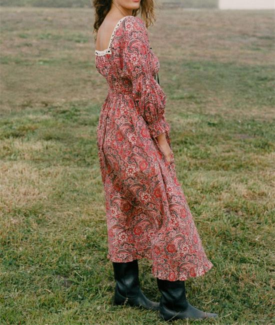 Square Neck Floral Long Sleeve Dress