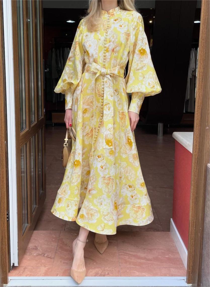 Yellow Flower Bubble Sleeve Maxi Dress