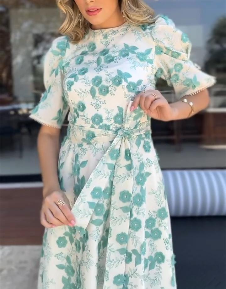 Green Flower Waist-slimming White Bottom Dress