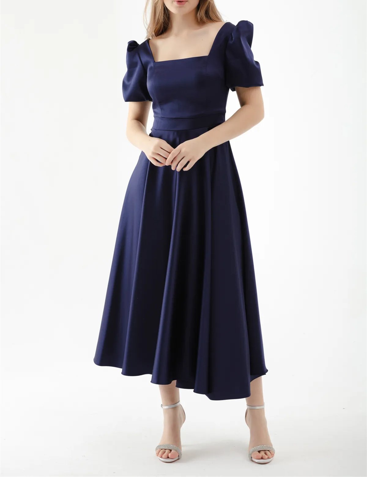 Dark Blue Square Neck Satin Dress