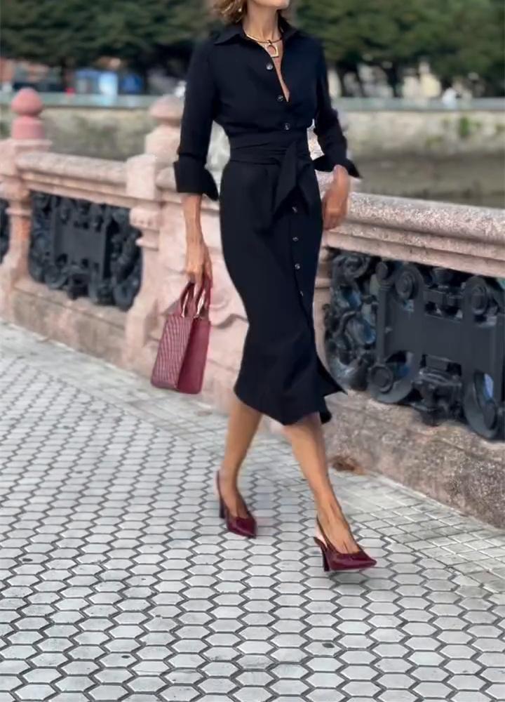 Black Button v Neck Fall Dress