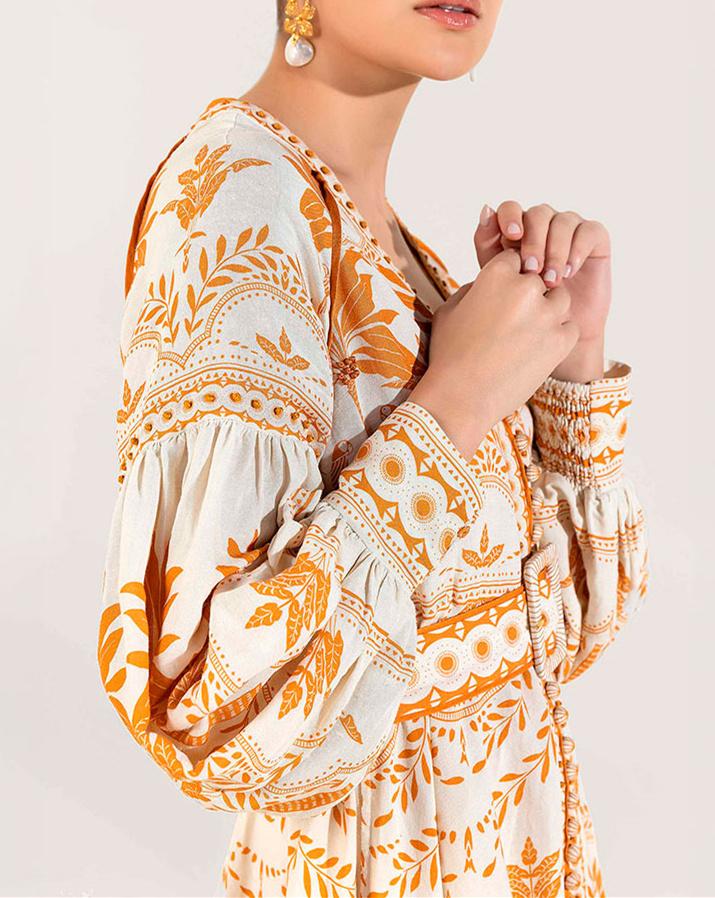 V-Neck Lantern Sleeve Orange Printed Dress