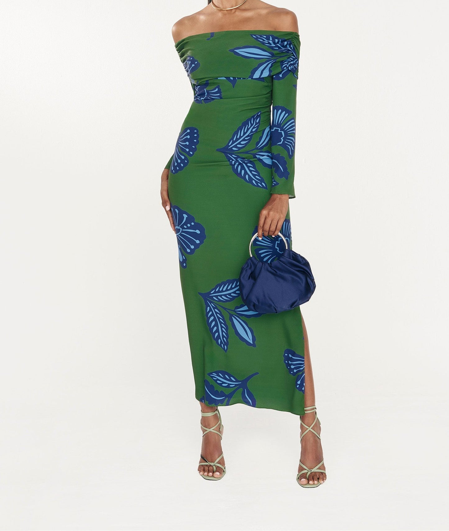 Blue Printed Strapless Green Dress