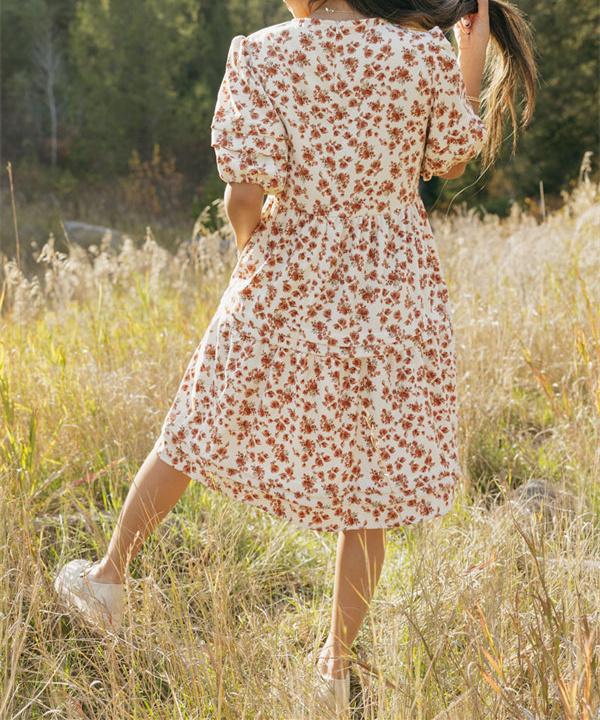 Floral Round Neck Midi Sleeve Fall Dress