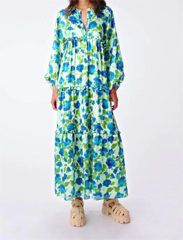 Blue Flower and Green Leaf Long Sleeve Dress