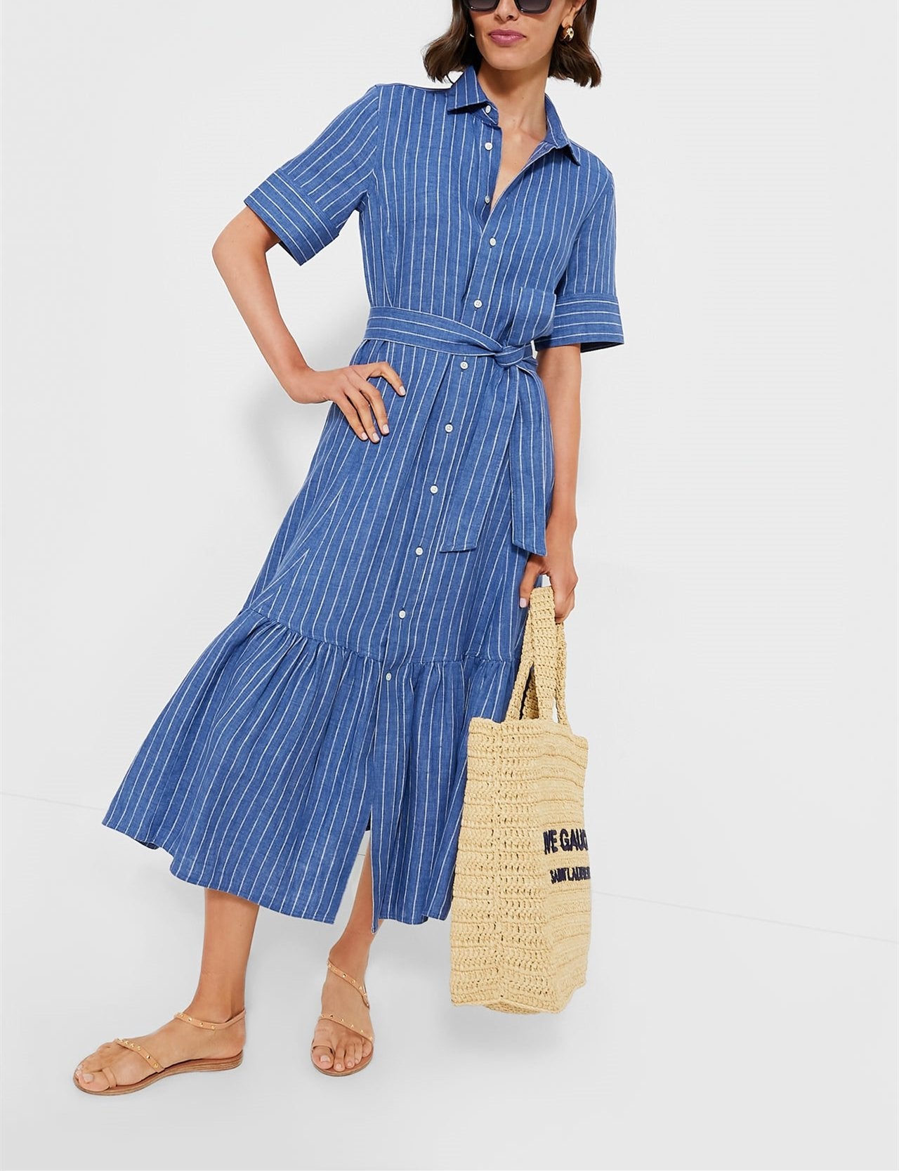 Striped Lace-Up Shirt Dress