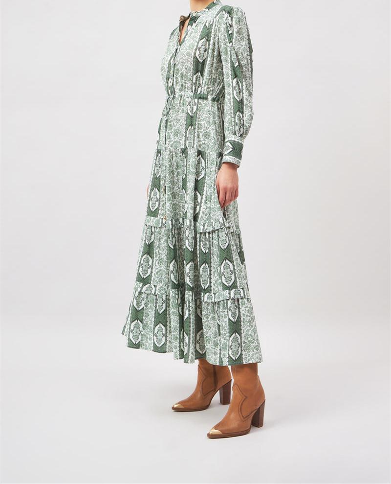 Buttoned Printed Green Dress