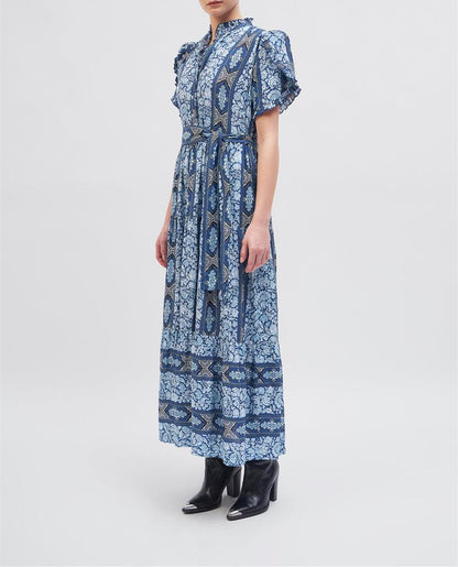 Blue Floral Print Lapel Maxi Dress