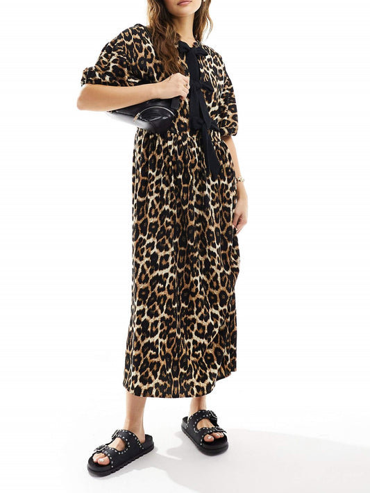 Leopard Print Lace-Up Maxi Dress