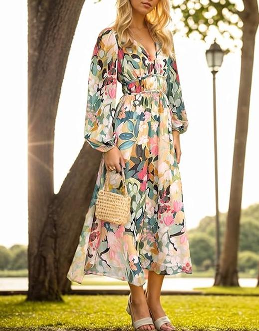 Floral Lantern Sleeve Maxi Dress