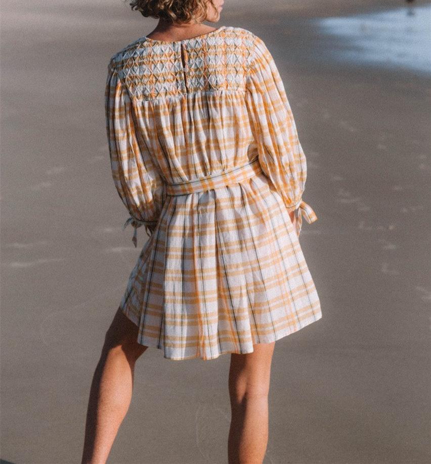 Yellow Plaid Bubble Sleeve Mini Dress