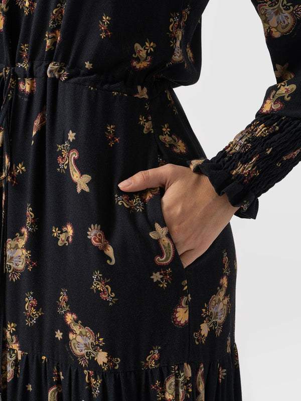 White Floral Gathered Sleeve Maxi Dress