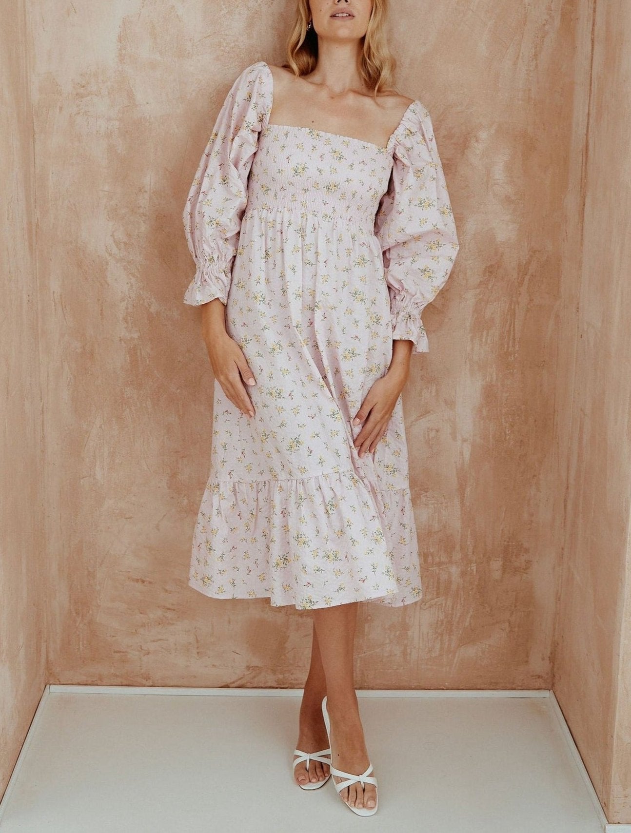 Square Neck Lantern Sleeve Pink Dress