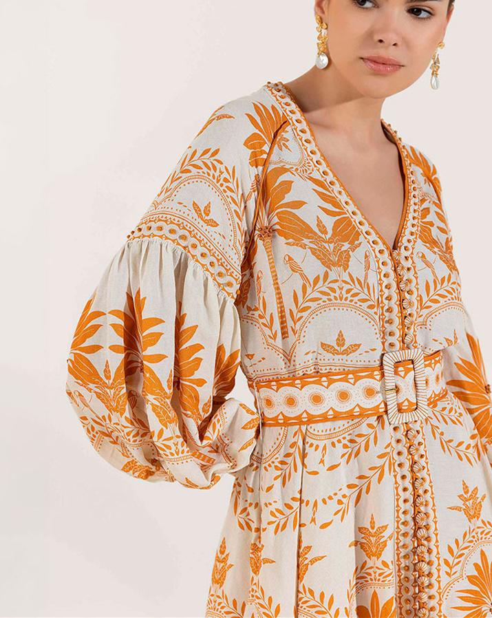 V-Neck Lantern Sleeve Orange Printed Dress