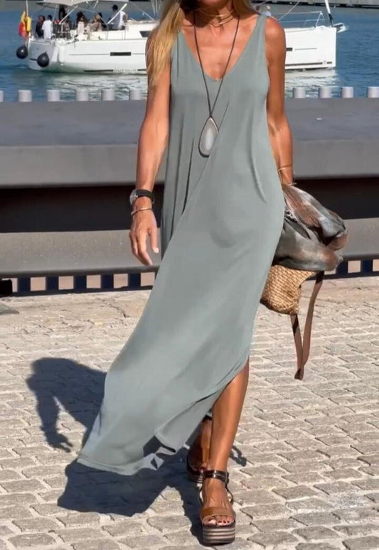 Solid Color V-Neck Long Dress