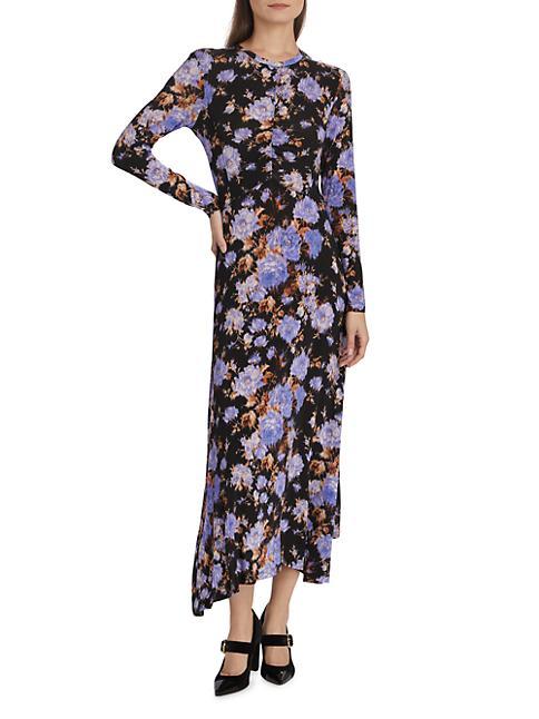 Blue Floral Black Long Sleeve Fall Dress