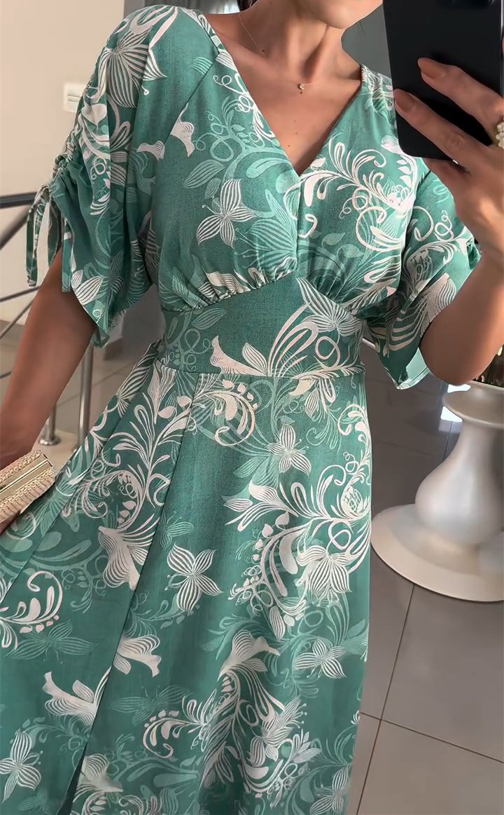 White Floral Drawstring Sleeve Green Dress