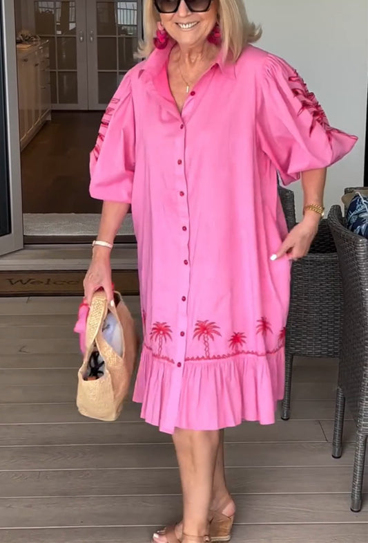 Pink Ruffle Lantern Sleeve Dress