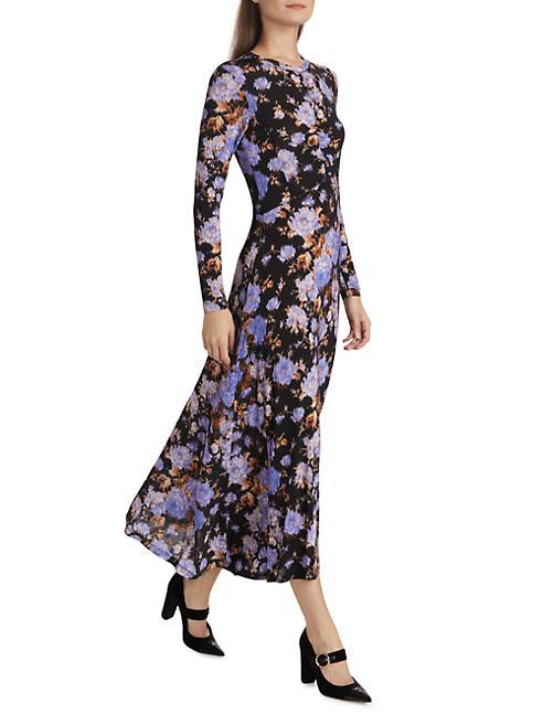 Blue Floral Black Long Sleeve Fall Dress