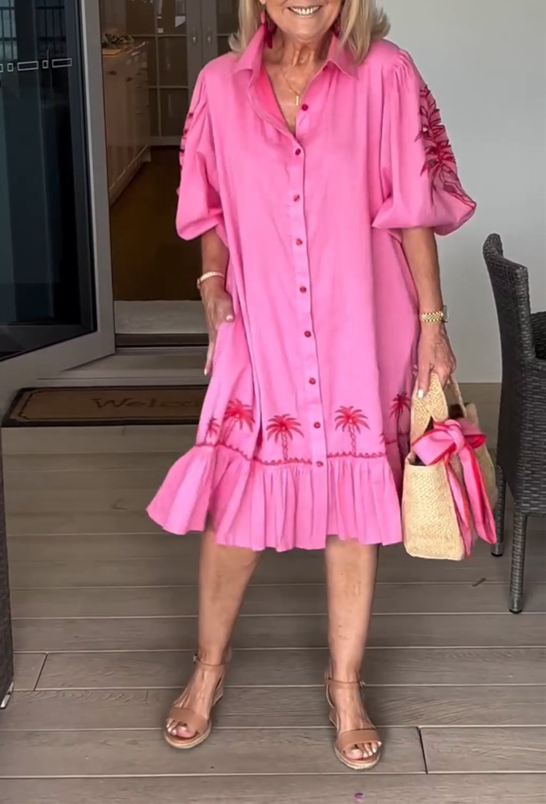 Pink Ruffle Lantern Sleeve Dress