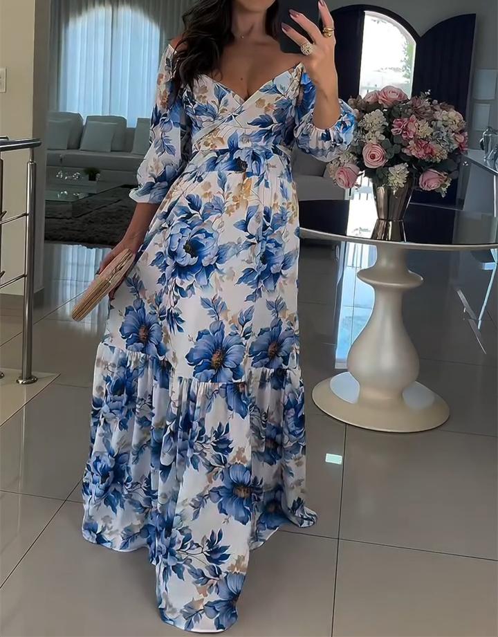 Blue Floral Midi Sleeve Tie Waist Maxi Dress