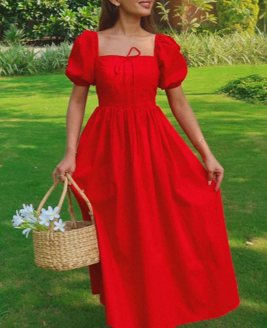 Red Bubble Sleeve Lace-Up Dress