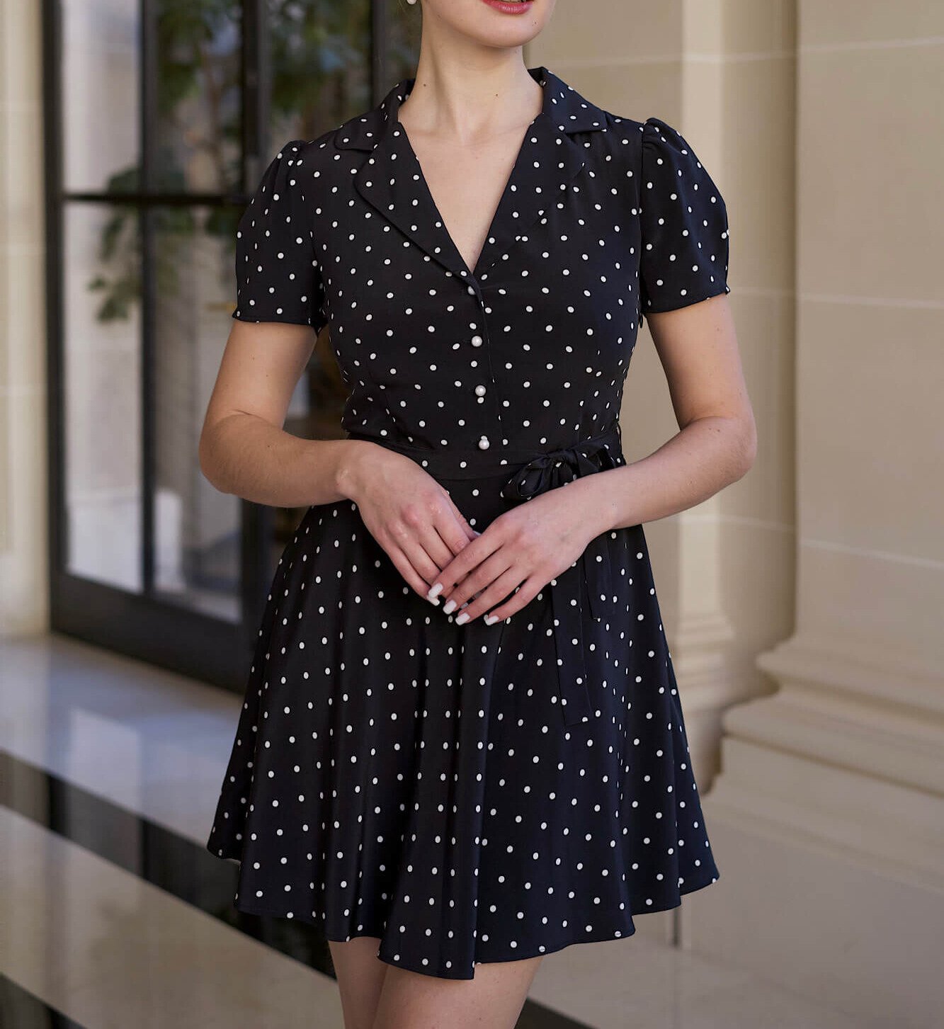 White Dot Black Short Dress