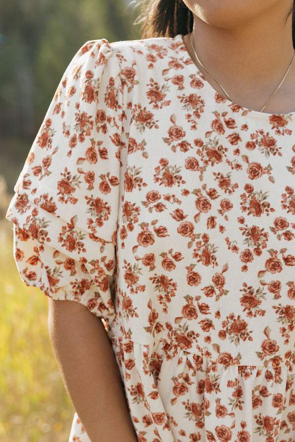 Floral Round Neck Midi Sleeve Fall Dress