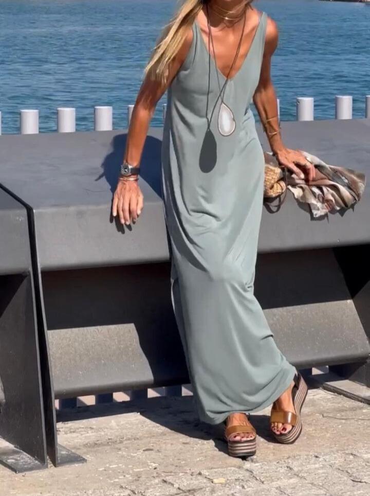 Solid Color V-Neck Long Dress