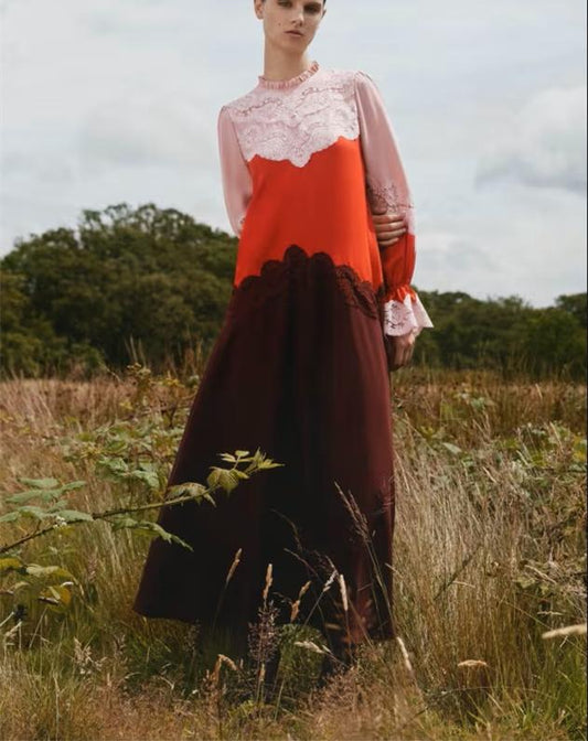 Colorblocked Lace Delicate Fall Dress