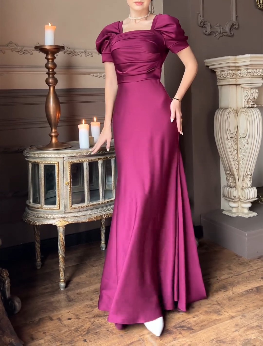 Purple Satin Short Sleeve Maxi Dress