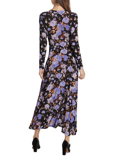 Blue Floral Black Long Sleeve Fall Dress