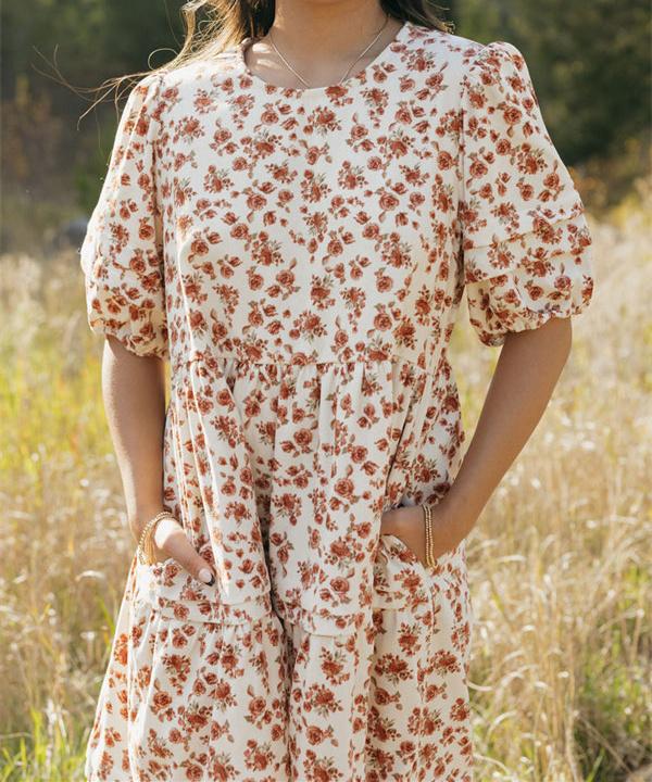 Floral Round Neck Midi Sleeve Fall Dress