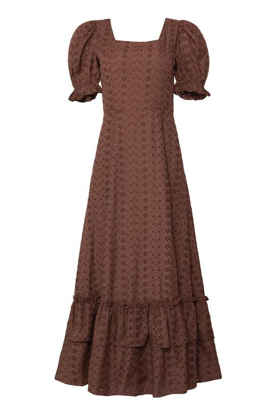 Brown Ruffled Short Sleeve Maxi Dress