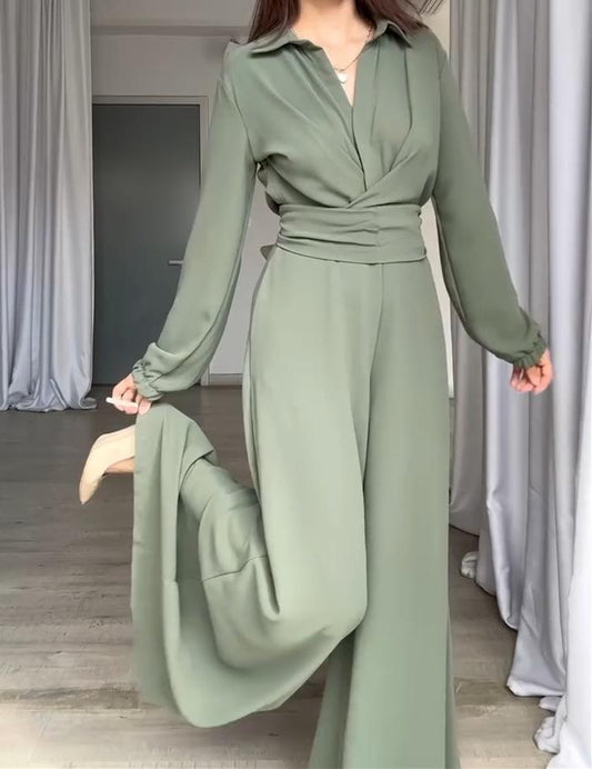 Solid Color Waisted One-piece Suit