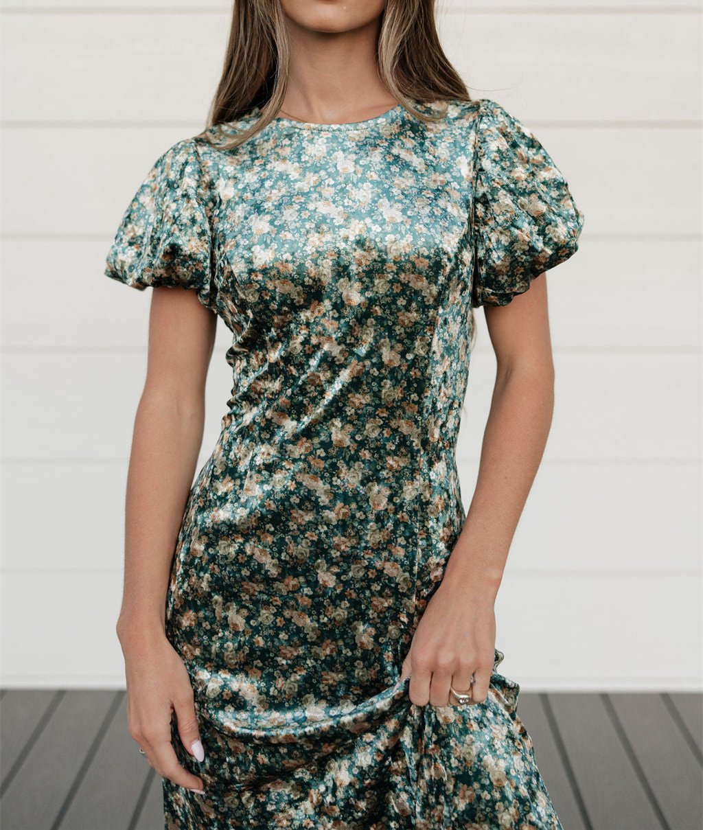 Green Flower Glossy Fall Dress