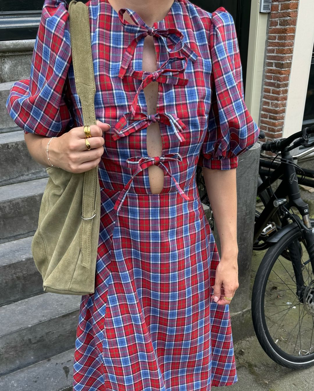 Red and blue check bow dress