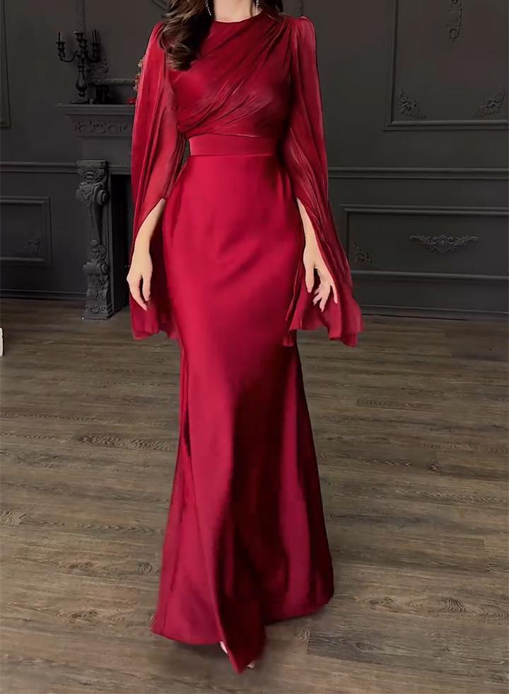 Red Satin Wide Sleeves Maxi Dress