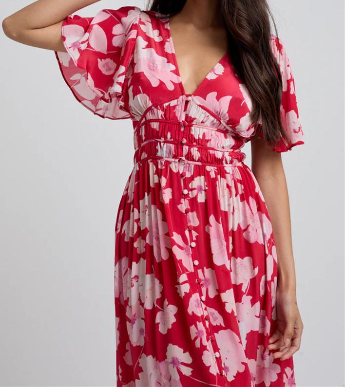 V-Neck Waist-slimming Flower Dress