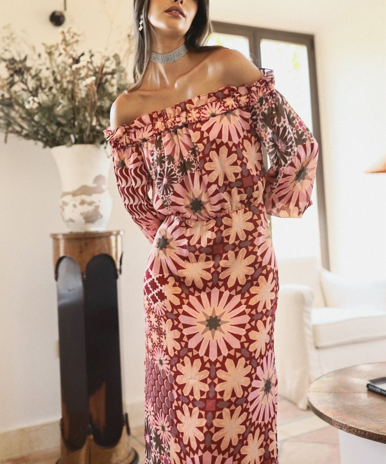 Strapless Long Sleeve Floral Dress