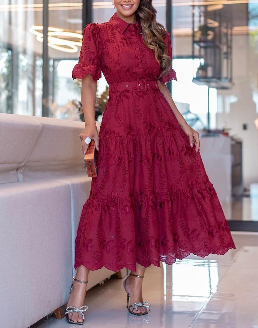 Burgundy Shirt Collar Button Down Maxi Dress