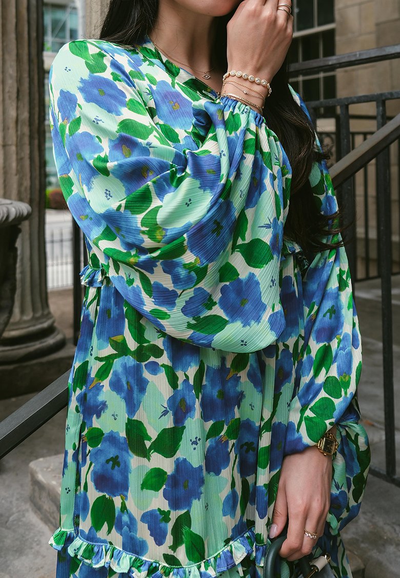 Blue Flower and Green Leaf Long Sleeve Dress