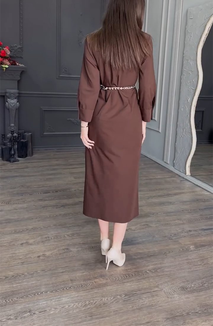 Brown Belted Split Neck Dress