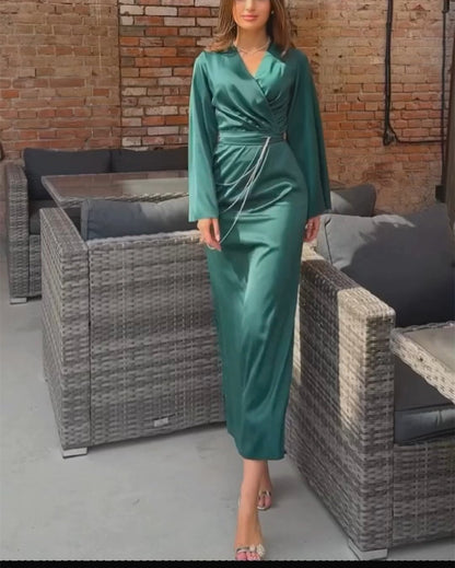 Green Satin Cross Neck Maxi Dress