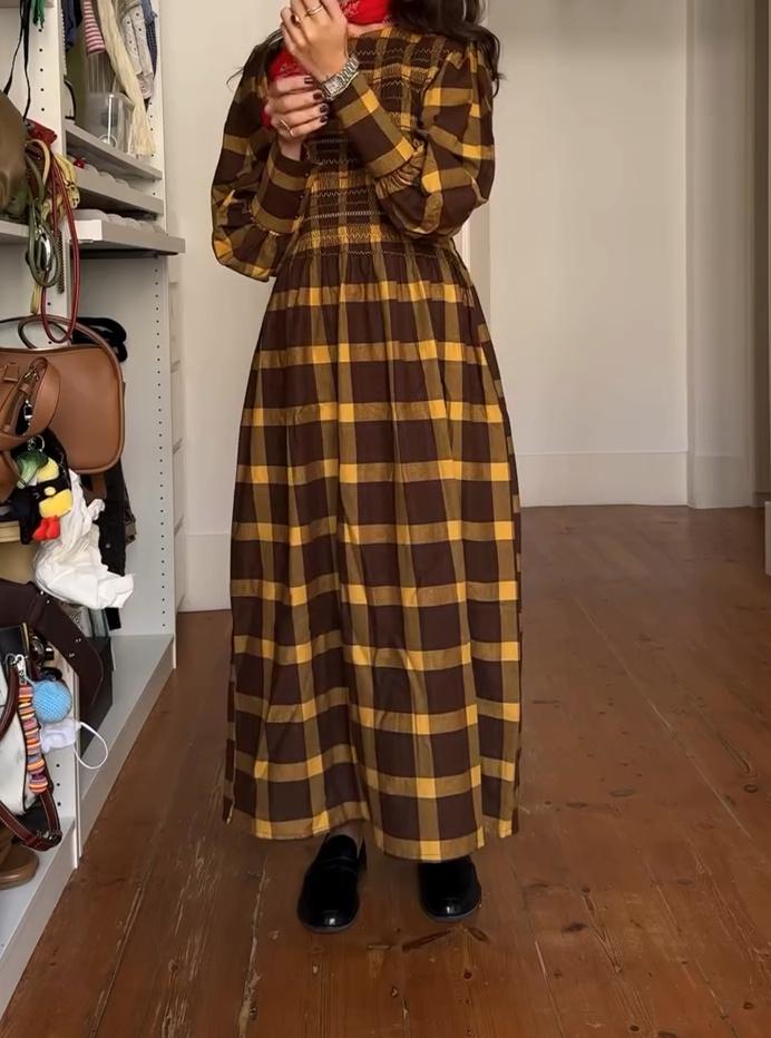 Yellow and Brown Plaid Fall Dress