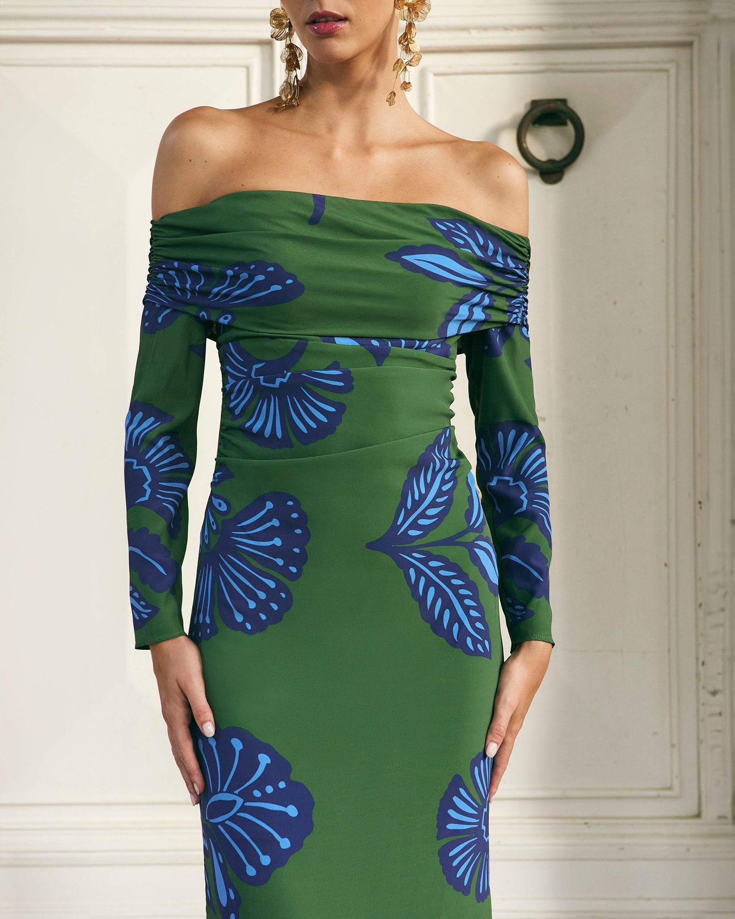 Blue Printed Strapless Green Dress