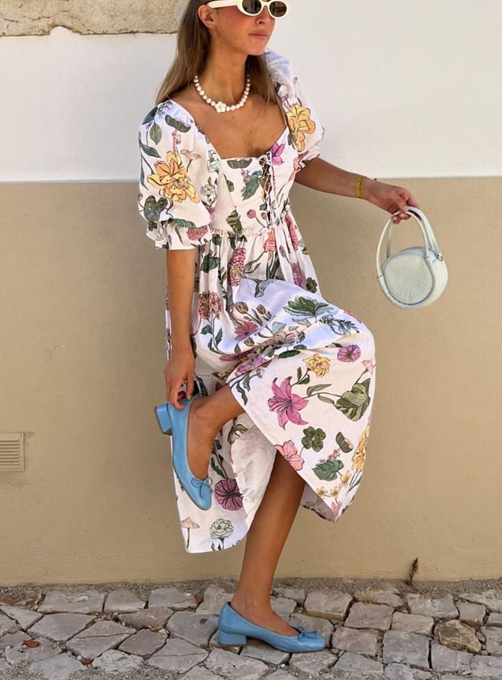 Bubble Sleeve Printed Dress