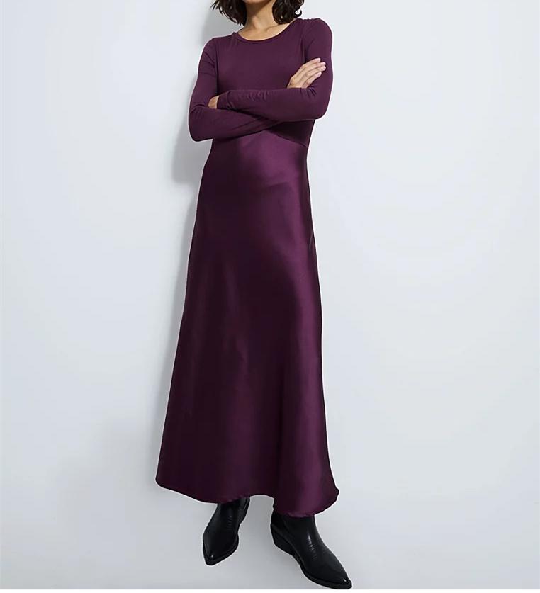 Purple Long Sleeve Satin Fall Dress